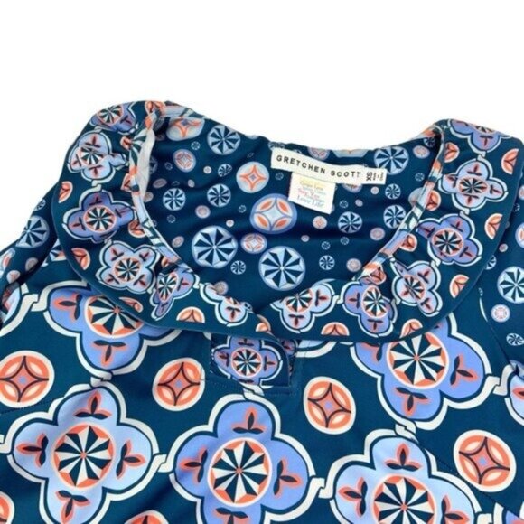 Gretchen Scott Jersey Ruffneck Blue Sundial Geometric Dress with Ruffle Collar - Picture 4 of 6